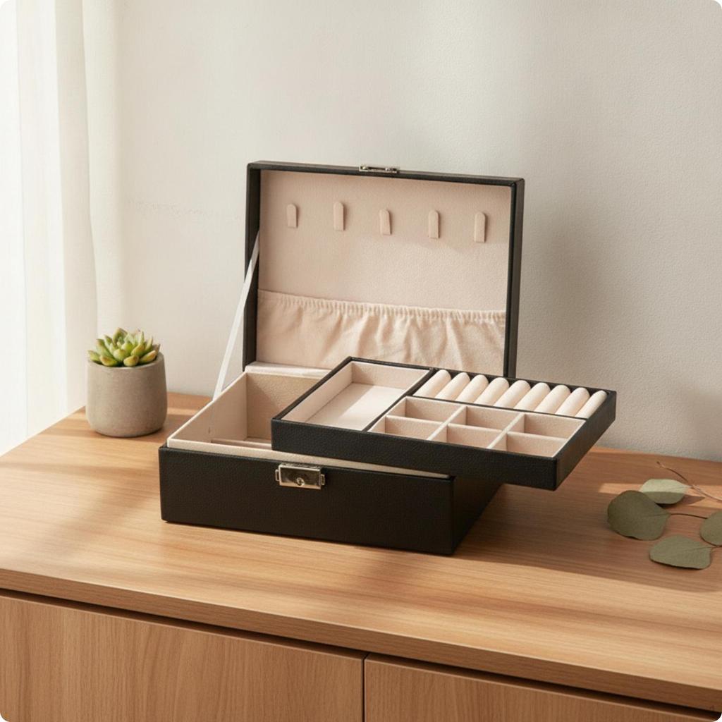 DoubleLayer Jewelry Box LeatherLike with Removable Tray Sturdy Exterior for Women,