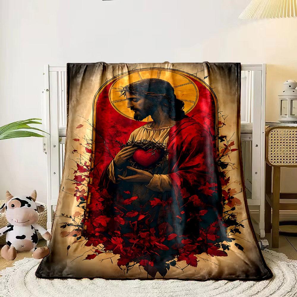 Sacred Heart Jesus Blanket Printed Blanket for Living Room Bed Couch Lunch Break Soft Cozy Blanket for Friend's Festival Gift