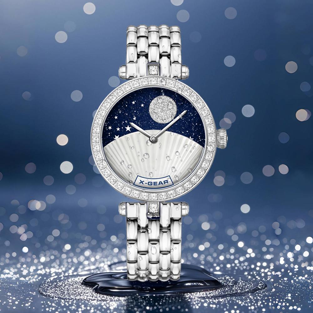 Luxury Fashion Blue Quartz Stone Face Quartz Wrist Watch for Women; Waterproof and Night Light Stellar Model