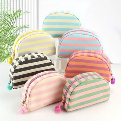 Striped Shell Cosmetic Bag Canvas Travel Makeup Organizer Portable Cute Makeup Pouch with Pompoms