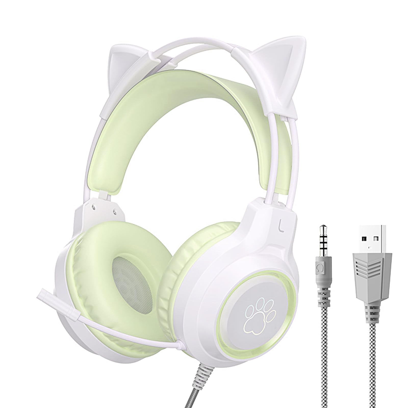 

Игровые проводные наушники с кошачьими ушками для детей, 40 мм, RGB, USB, совместимые для работы из дома онлайн, удобные, в подарок кошке, наушники, гарнитура, наушники, наушники, динамик, зелёный