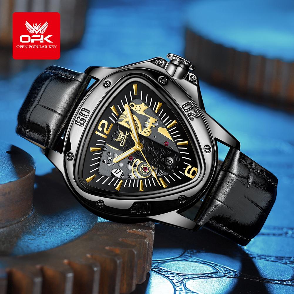 OPK Modny Oryginalny Zegarek Kwarcowy Dla Mężczyzn Luksusowa Trójkątna Tarcza Wodoodporny Luminescencyjny Skórzany Zegarek Dla Biznesmena