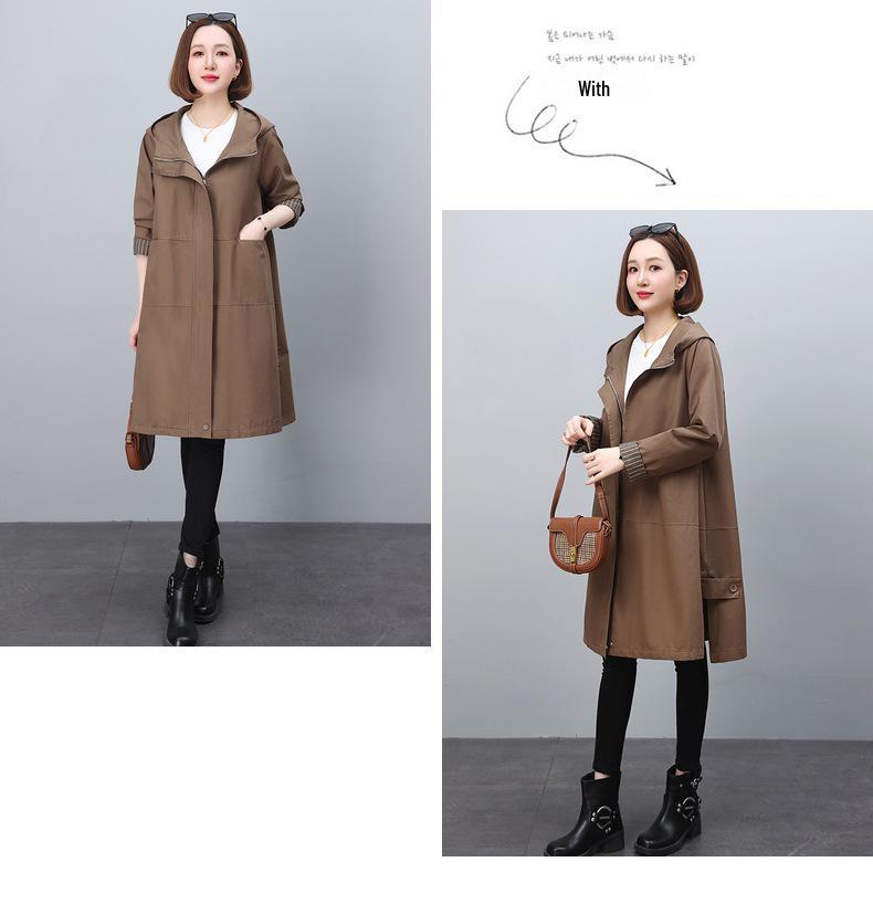 Women's 2024 Mid-Length Hooded Trench Coat for Spring & Autumn - Elegant Casual Style for Middle-Aged & Elderly