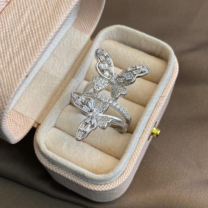 1PC Environmentally Friendly Double Hollow Butterfly Zircon Inlaid Opening Fashionable Super Fairy Design High-end Exquisite New Index Finger Ring