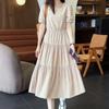 New Loose Belly Cover Foreign Style Medium and Long Thin Waist Splicing Short-sleeved Crew Neck Dress In Summer