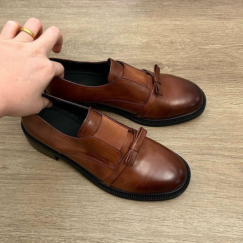 British style retro leather round head bow one-pedal loafers women's 2025 spring thick heel small leather shoes single shoes