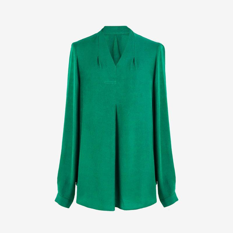 

Silk Jacquard Women s Long-Sleeved Blouse Loose Belly-Covering Home Elegant V Neck Pullover Shirt Green UK10