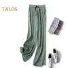 Women Casual Pants Elastic Waist Adjustable Drawstring Straight Wide Leg Trousers with Pockets Solid Color Loose Fit Long Pants