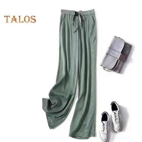 Women Casual Pants Elastic Waist Adjustable Drawstring Straight Wide Leg Trousers with Pockets Solid Color Loose Fit Long Pants