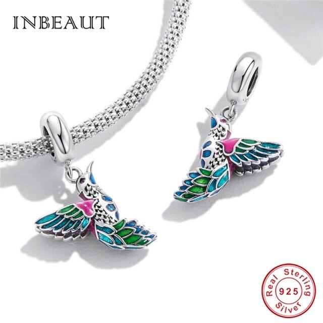 Real 925 Sterling Silver Violet And Bird Charm Pendant Fit Brand Bracelet Animal Beads Delicate Jewelry For Women