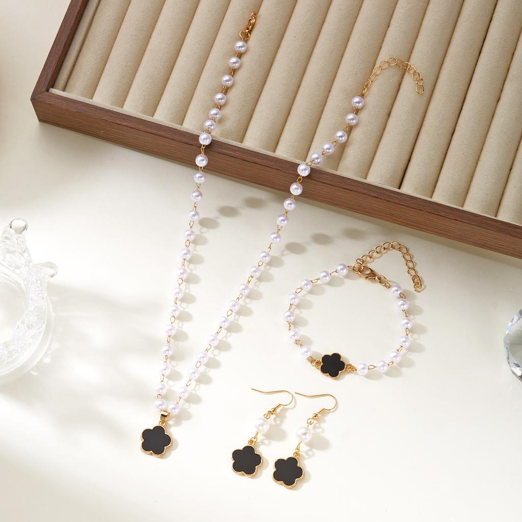 3 Pcs/Set Popular Flower Jewelry Set for Women Elegant Imitation Pearl Beads Chain Necklace&Bracelet Drop Earrings Jewelry Gift