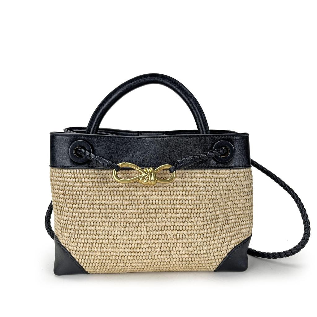2026 New Eight Character Metal Bow Leather Splicing Lafite Grass Handmade Straw Single Shoulder Crossarm Handbag