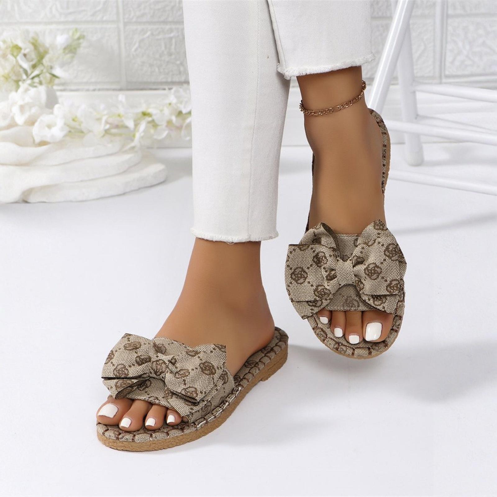 Women s Bow Cute Sandals Trendy  Graphic Print Dressy Open Square Toe Summer Slide Flat Sandals 37