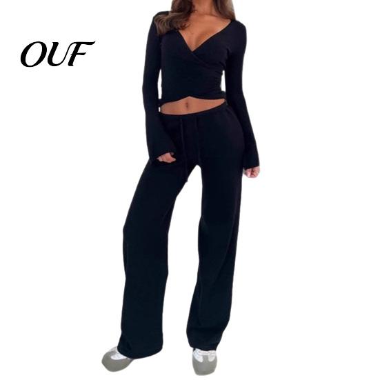 Soft Spring Autumn Clothes Women Sweatshirt Pants 2-Piece Set, V Neck Slim Fit Top & High Tops Waisted Wide Leg Trousers, Solid Color Lounge