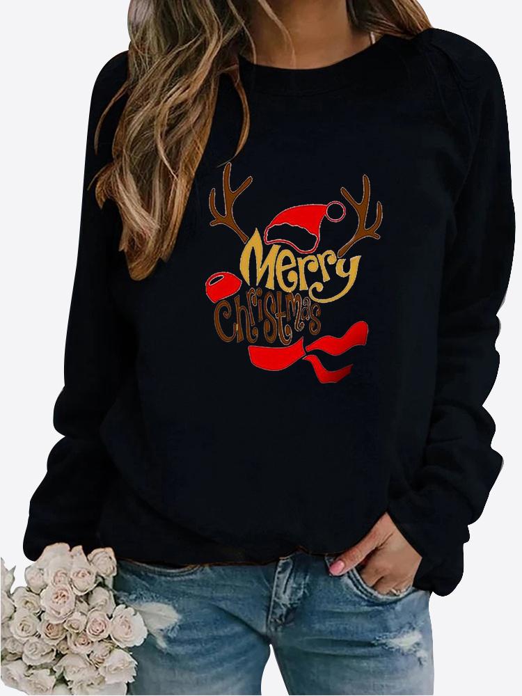 Women Winter Long Sleeved Casual Round Neck Black Cats Printed Loose Sweatshirt Tops & Blouses Plus Size T-shirts