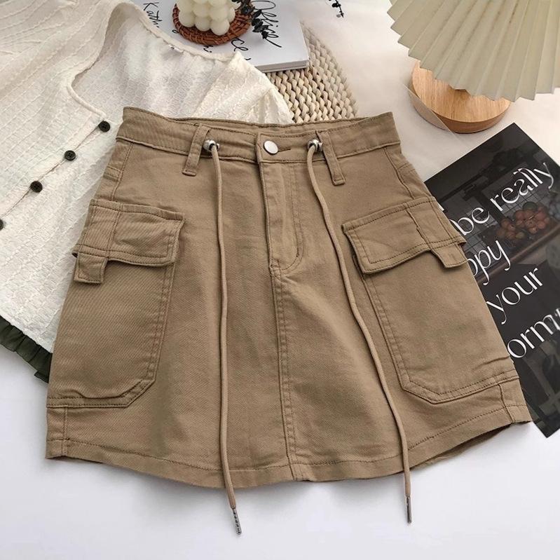 Women's High Waist Cargo Skirt A-Line Skirt Drawstring Pocket Patchwork Solid Color Micro Stretch Casual Mini Skirt