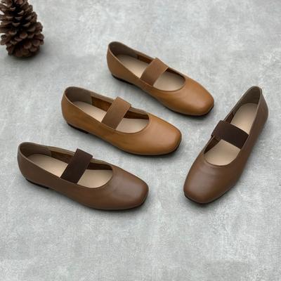 Genuine Leather Soft Soled Flat Shoes Solid Color Square Toe Elastic Band Women's Slip-on Shoes