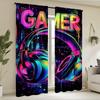 2PC Neon Gamer Headset Graffiti Sheer Curtains - Gaming Themed Print Window Drapes for Man Cave Bedroom Decor