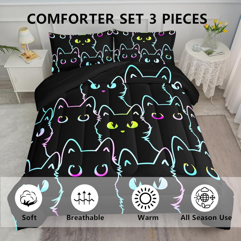 Axolotl Kids Bedding Cartoon Cat Comforter Set Twin Size,Gradient Line Cute Cat Bedding Set for Teens Boys Girls Adults Room Decor,Kids Comforter Set