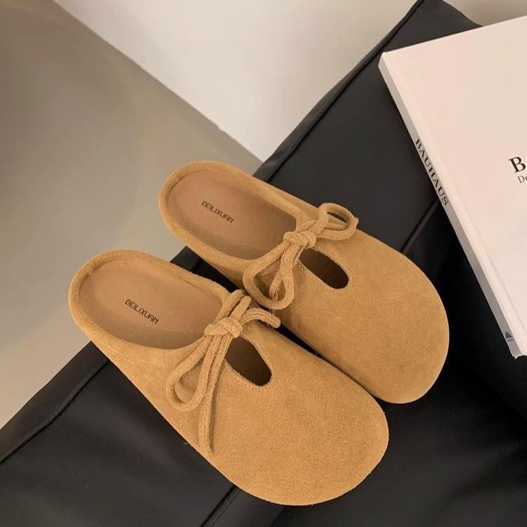 South Korea Dongdaemun women's shoes autumn new round head flat bottom bag head half slippers outside wearing lazy Mueller shoes