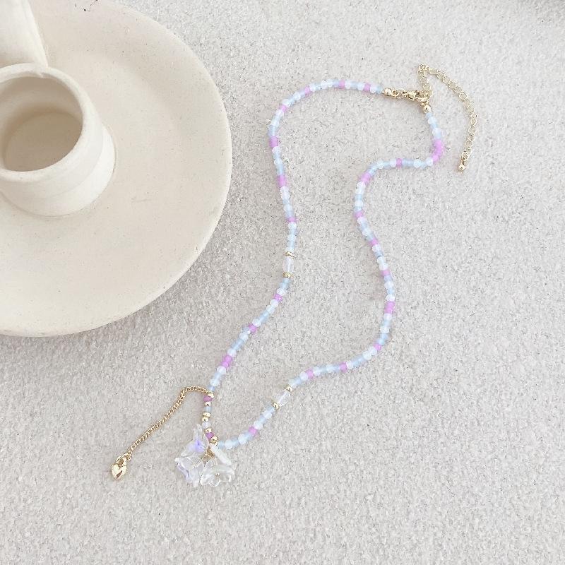 

Korean Style Purple Beaded Heart Pendant Necklace with Crystal Flower Tassel Choker Design