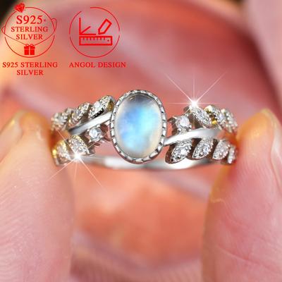 Delicate S925 Sterling Silver Leaves Moonstone Rings for Women Temperament Elegant Ring Vintage Party Jewelry
