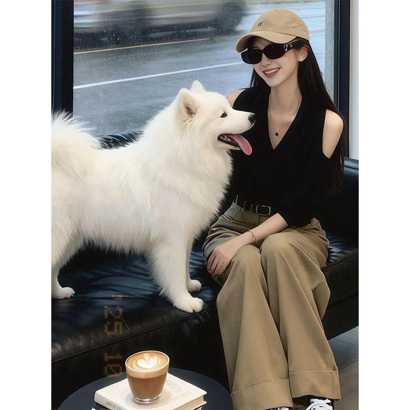 Flannel 1x1 Korean Off-Shoulder V-Neck Long-Sleeve Women's T-Shirt - Elegant, Chic, Fashionable Top