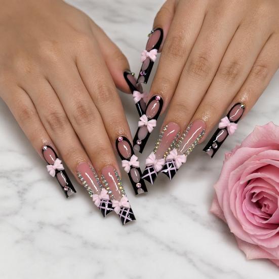 24 Pezzi Unghie Finte Francesi Rosa con Fiocco e Strass, Unghie Finte Lunghe 3D con Charms, Colla per Manicure Fai-da-Te