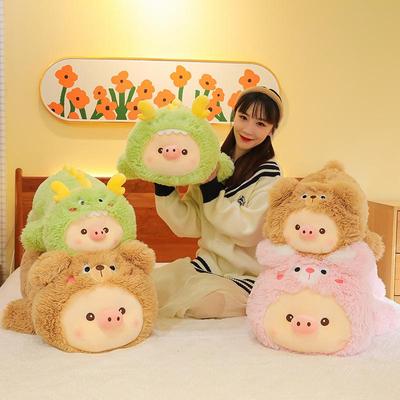 Cartoon Dinosaur Transforming Plush Pig Toy - Long Fur Sleeping Hug Pillow