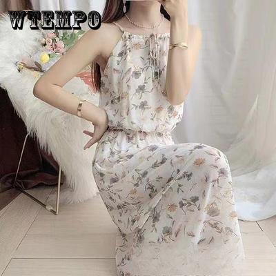 Robe longue en mousseline de soie pour femme, vêtement de protection solaire, jupe à bretelles, motif floral, mode féminine, élégante, slim, été, sans manches