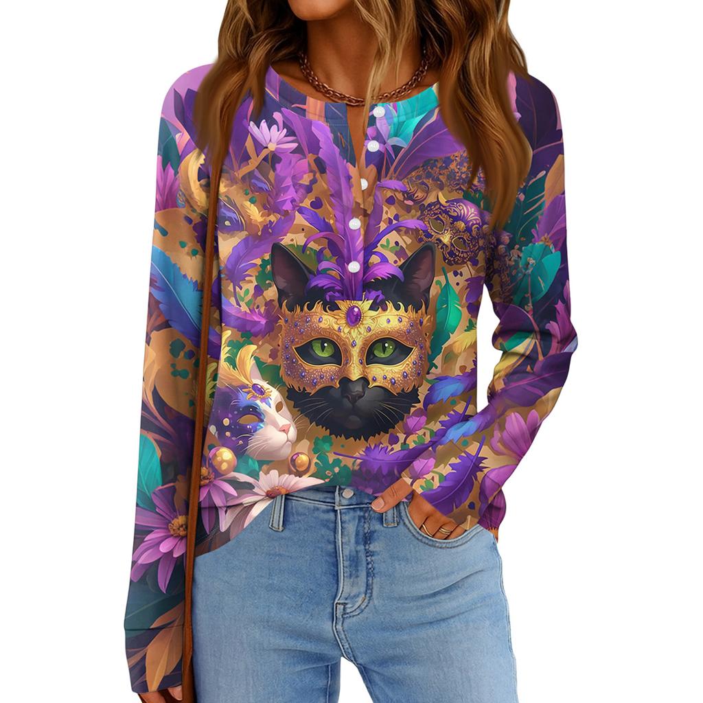 Women's Fashionable Loose Long Sleeved Carnival Printed Casual Top