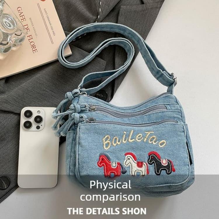 Borsa a tracolla da donna in denim con ricamo floreale