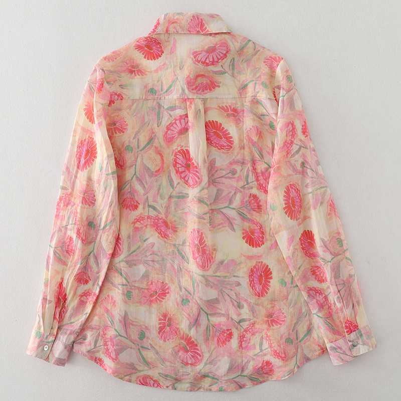 Autumn Pink Floral Shirt Linen Small Shirt French Literary Printing Shirt All-match Women
