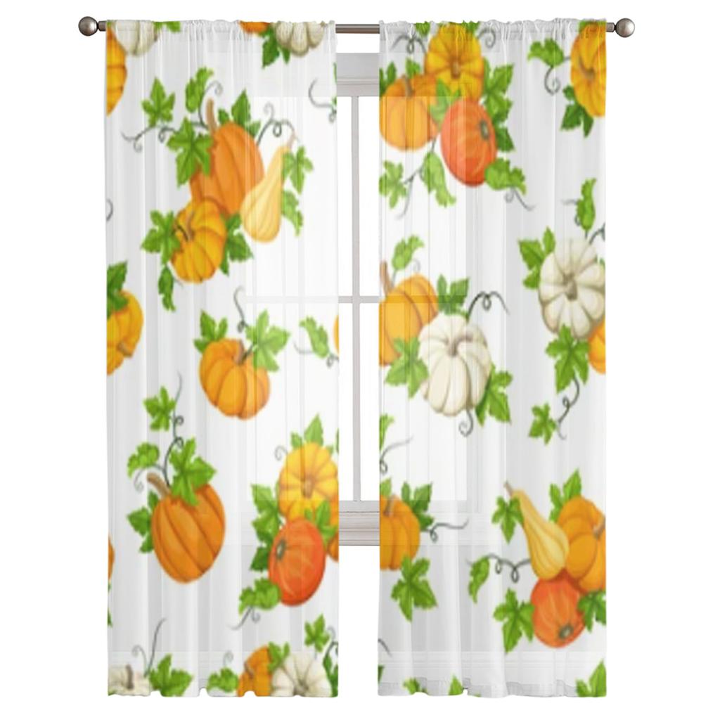 Pumpkins And Green Leaves Sheer Curtains For Living Room Window Transparent Voile Tulle Curtain Bedroom Drapes Home Decor