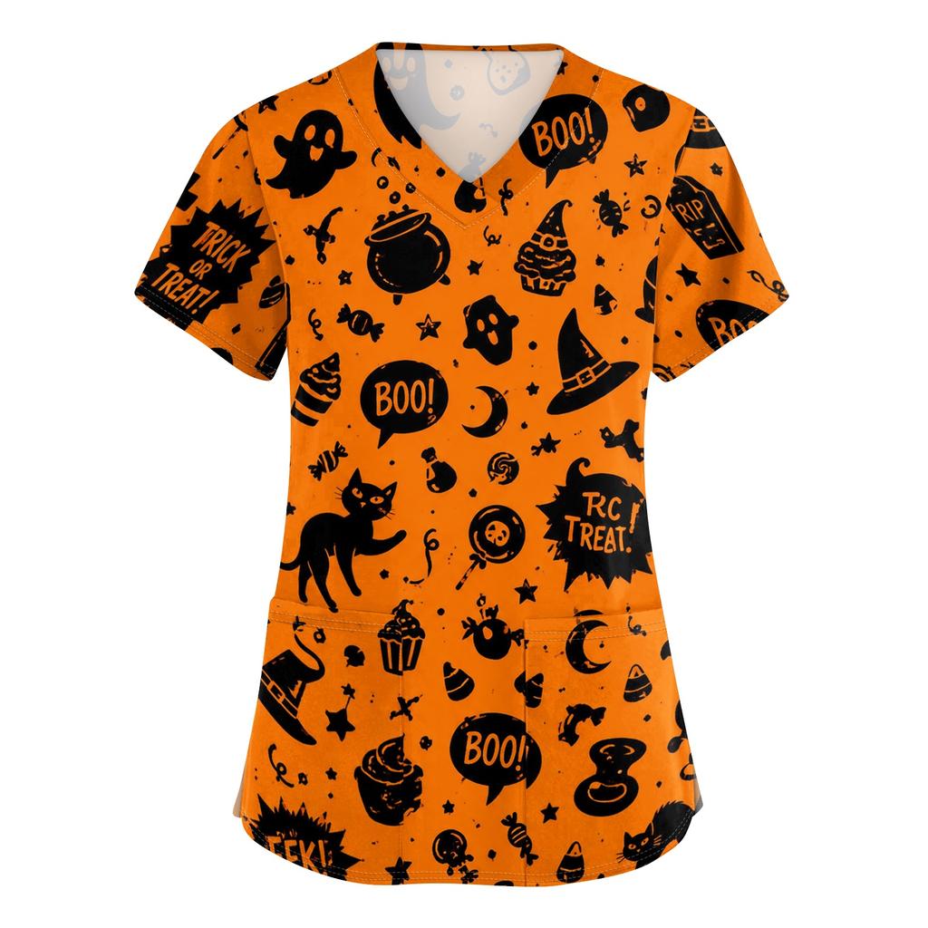 Women's V Neck Halloween Print Short Sleeve Medical Scrub Top with Pocket Side Slit Design Suitable for Healthcare Professionals
