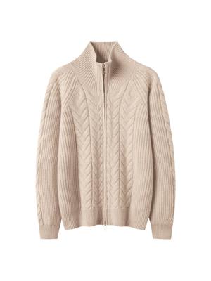 Elegant Cashmere Cable Knit Cardigan: Women's Half-High Collar Zipper Wool Coat for Autumn/Winter 2026.