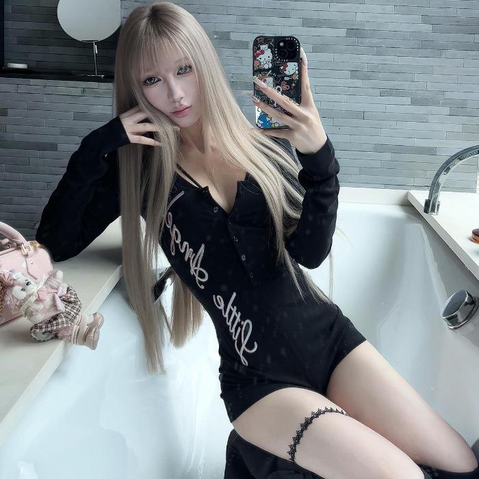 Dámský pikantní americký styl s výstřihem do V, dlouhým rukávem, potiskem, body - Slim fit pro začátek podzimu