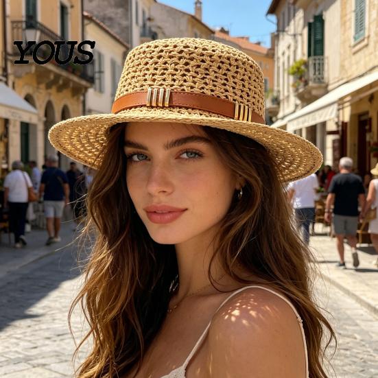 Fashionable Sun Hat for Holiday Women Wide Brim Straw Hat, with Retro Leather Belt, Lightweight Protection UV Foldable Breathable Travel Summer Beach