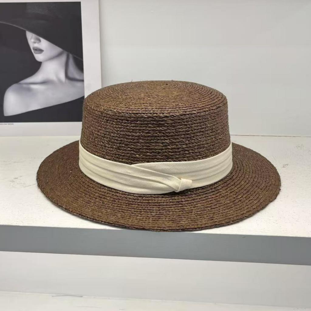 French Te Silk Lafie Grass Flat Top Straw Hat Women's Summer Hepburn Elegant Top Hat, Men's Sun Had Seaside Beach Hat