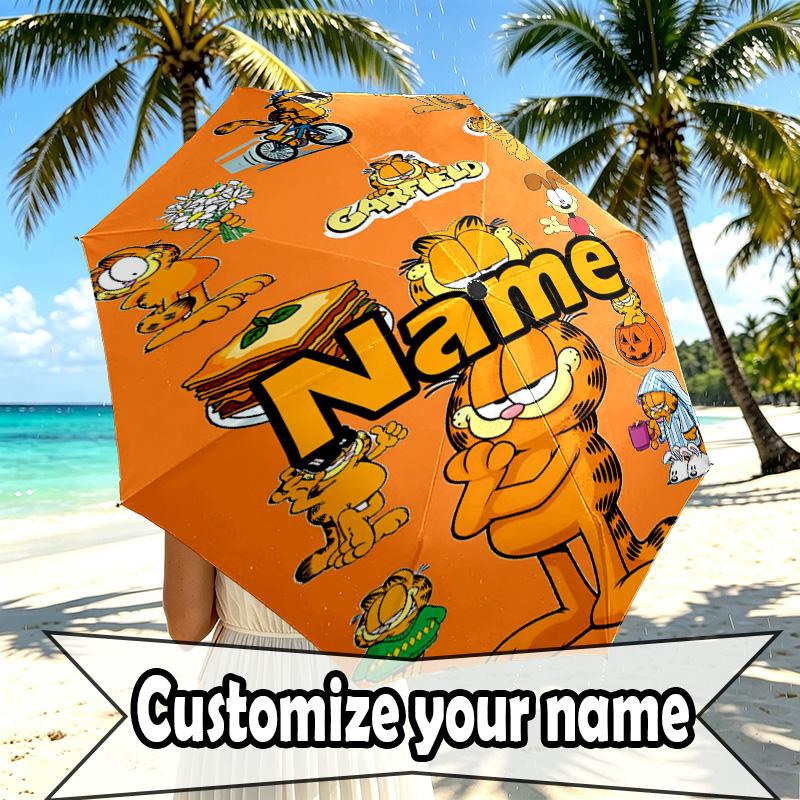 Custom Name Personalized Garfield Print Umbrella, Auto Open Close, 8‑Rib Sturdy Frame, Commute Camping Hiking Use, Birthday Gift