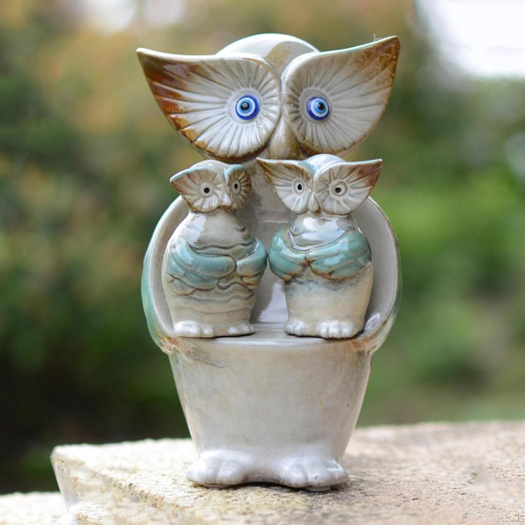 3 / Set Cute Art Colorful Glazed Ceramic Owl Miniature Figurine DIY Patio Shelf Table Farmhouse