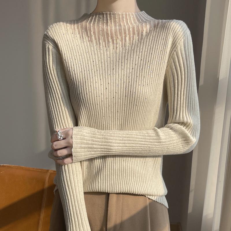 Women's Slim-Fit Wool Sweater with Rhinestone Design, Solid Color Base Layer