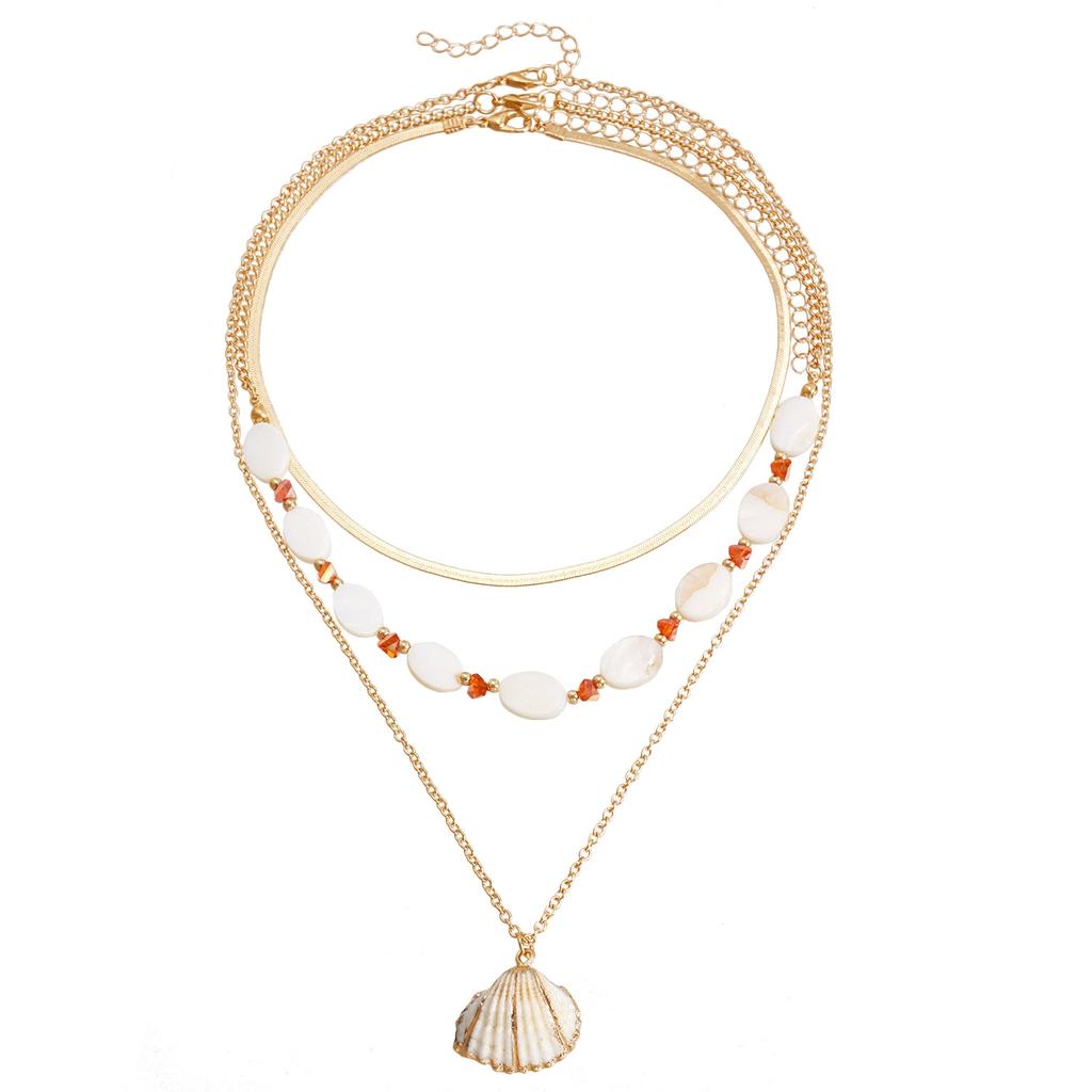 Ocean Wind Shell Multi-layer Stacked Necklace, Retro Vacation Oval Fritillary Beaded Necklace