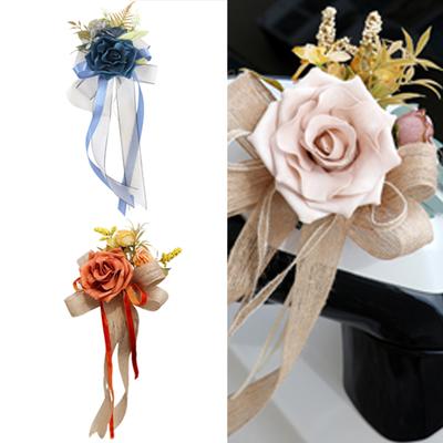Elegant Artificial Flower Bowknots Faux Flower Wedding Car Decors Set for Mirror and Door Graceful Embellishment