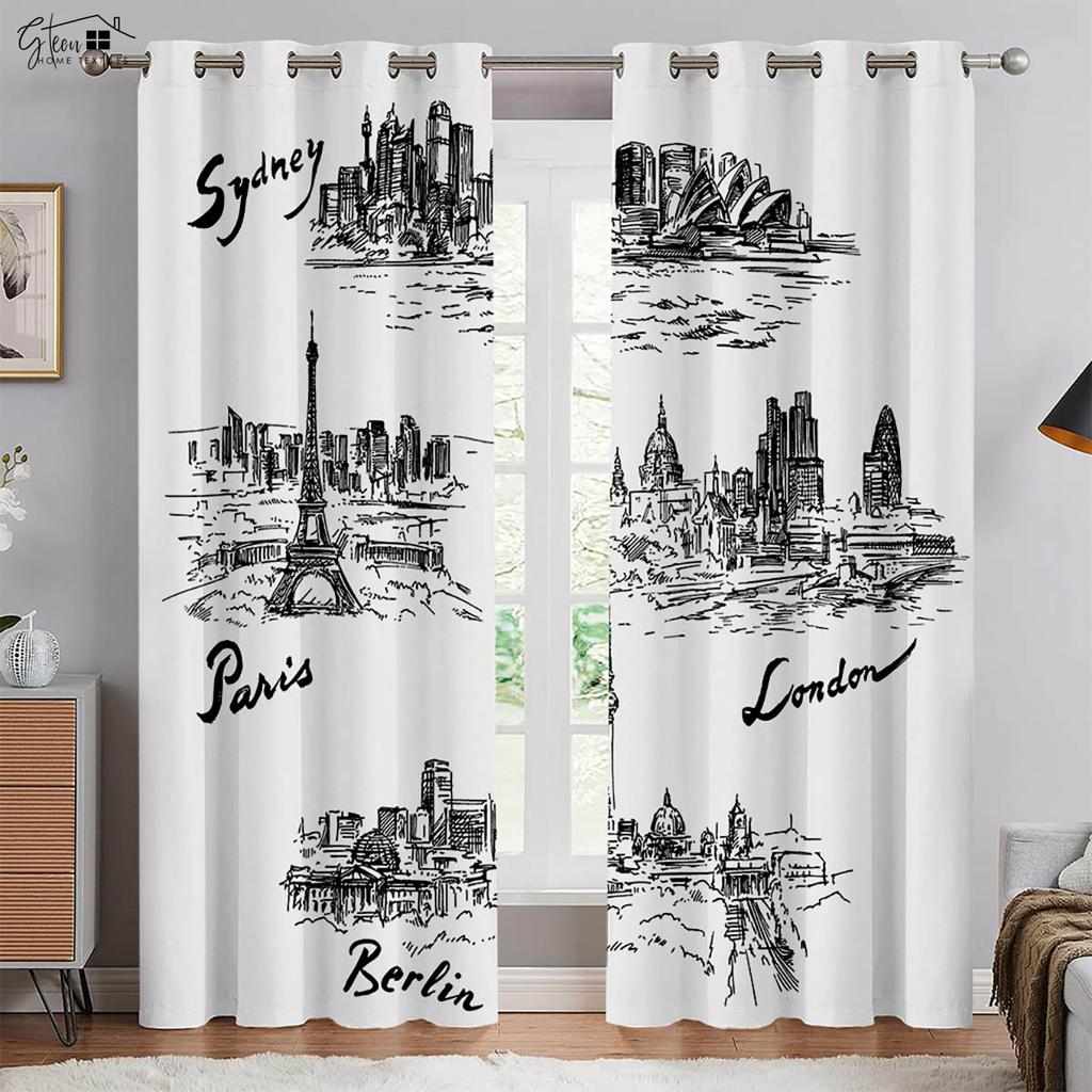 Modern Minimalist City Building 3D Printed Curtains Street View Night View Neon Hand-Painted Living Room Bedroom Custom Curtains