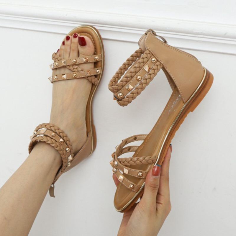 Fashion Metal Rivet Decoration Flat Sandals Women Novelty Woven Cross Tied Zip Designer Shoes Summer Sexy Open Toe Beach Sandals