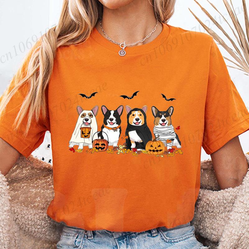 Halloween Dog Fashion T Shirt Tops Women Harajuku Graphic Tees Shirt Femme Corgi Dogs Halloween Women's T-shirt Clothes Tops