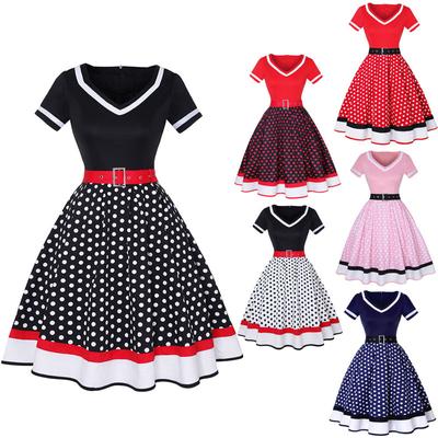 Women's Retro Hepburn Style V-neck Short Sleeved Belt A-line Skirt Rock Polka Dot Casual Dress