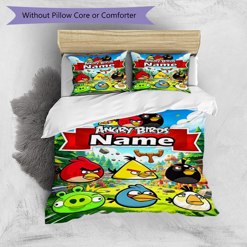 3pcs Duvet Cover Set (1*Duvet Cover + 2*Pillowcase, Without Core), Custom Name Angry Birds Pattern Bedding Set, Home Bedroom Decor Gift