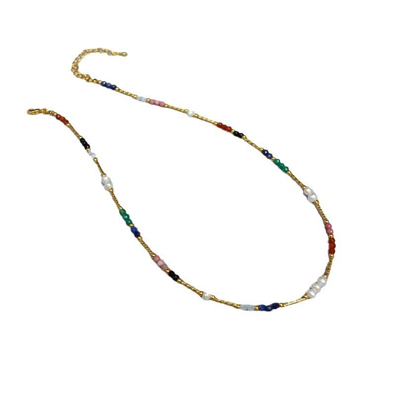 French niche original design retro literary color real stone freshwater baroque pearl beaded necklace collarbone chain